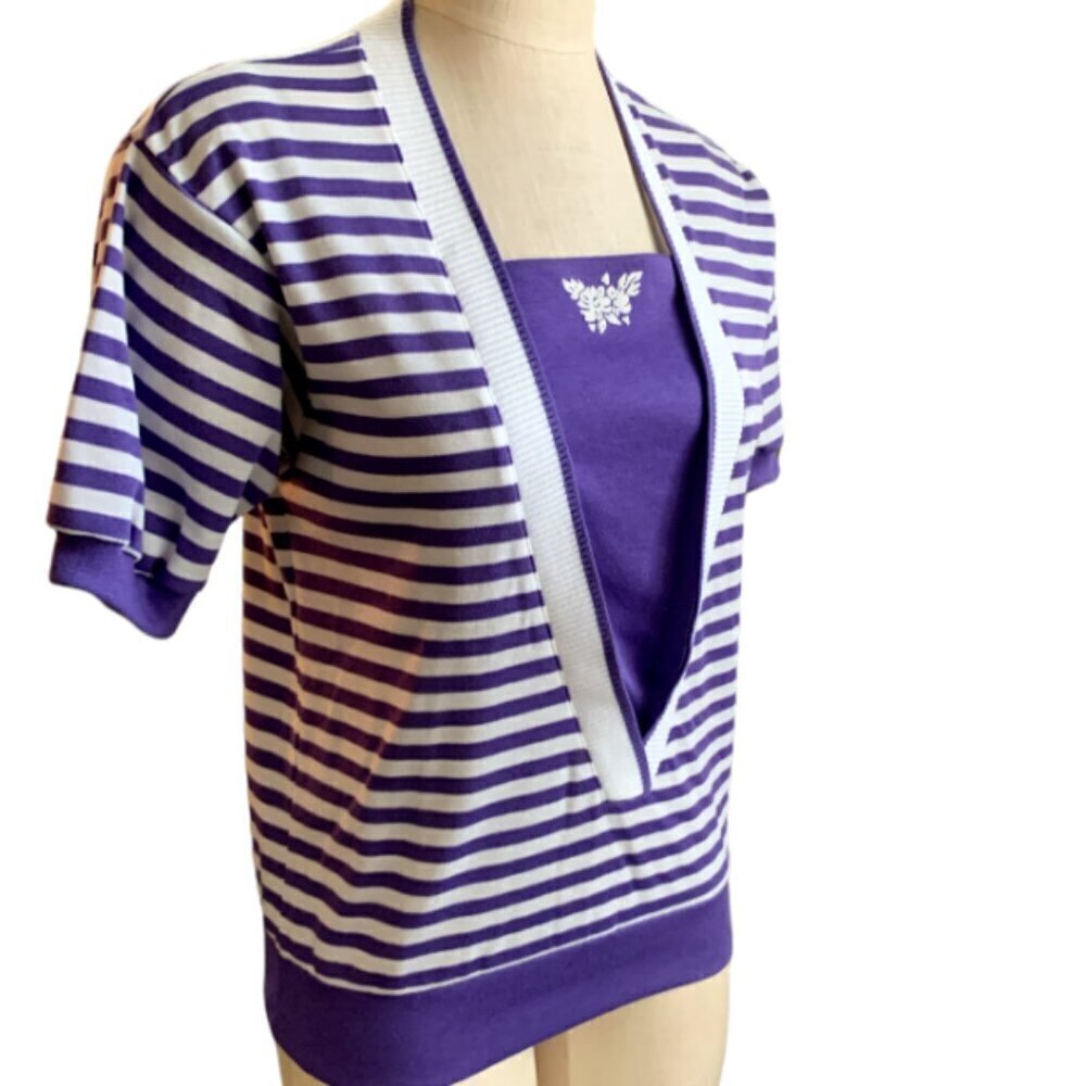 VTG Koret Francisca Purple & White Striped Short Sleeve Top Sz PS‎ #39L